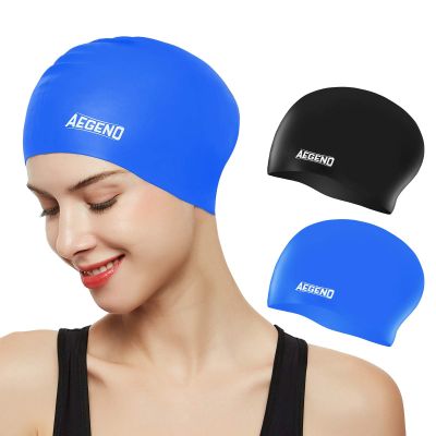 Aegend Swim Caps for Long Hair, Durable Silicone Swimming Caps for Women Men Adults Youths, Easy to Put On and Off, Waterproof Swim Hats Bathing Caps to Keep Hair Dry, 2 Pack, Black Blue