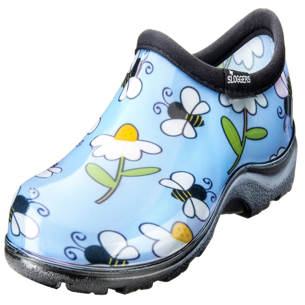 Sloggers Original Waterproof Rain and Garden Shoe for Women Outdoor Slip-On Garden Clog - Made in The USA with Premium Comfort Insole and Arch Support - Lt Blue Bee Print, Size 9