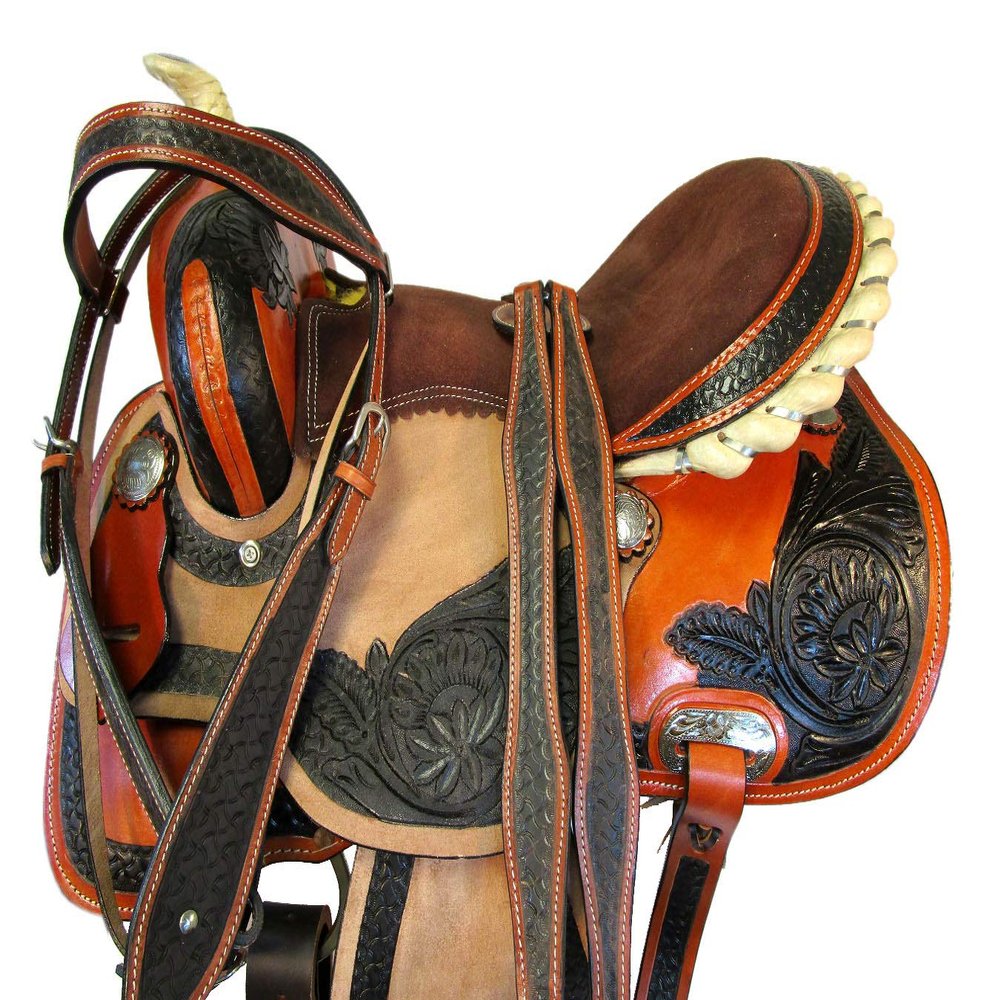 Brown Leather Tooled Trail Horse Racing Pleasure Western Barrel Saddle 15 16 17 (17)