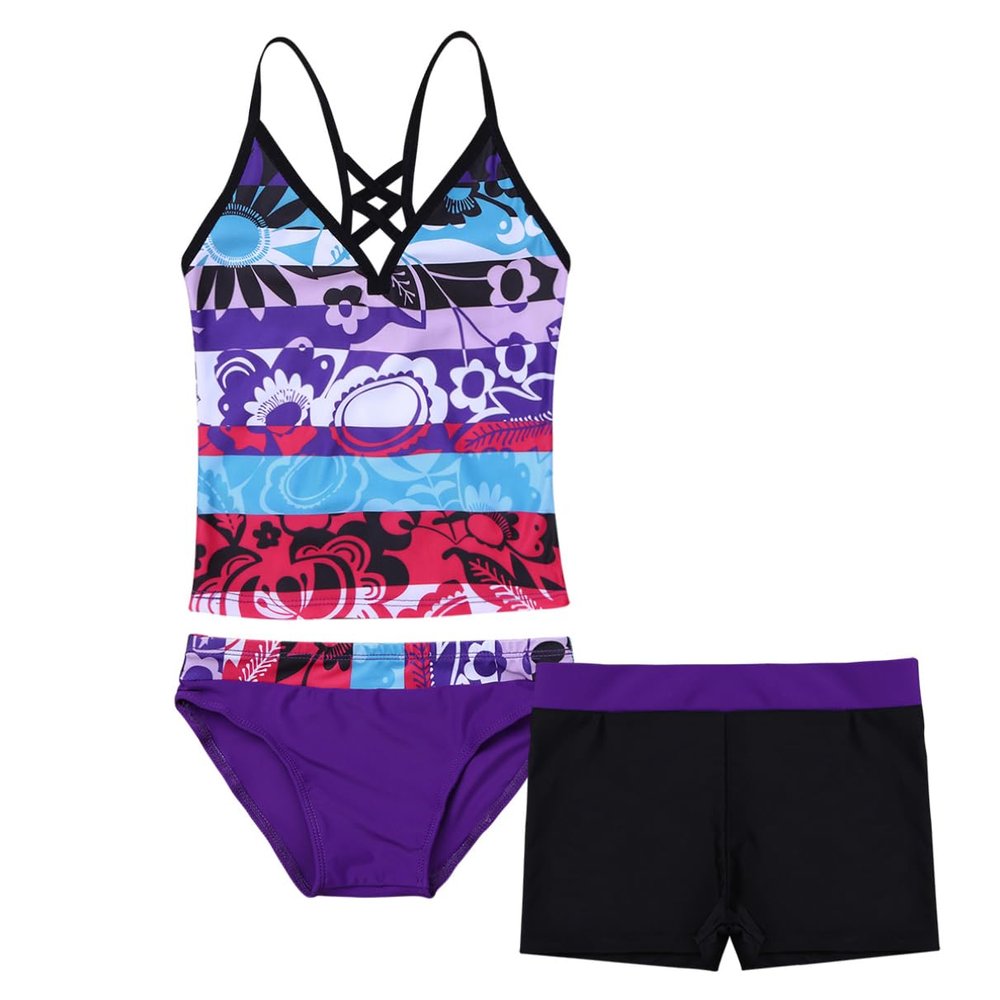 Moily Kids Big Girls Pinata Three Piece Tankini Set Floral Top with Bottoms Shorts Beach Sports Bathing Suit Purple 8