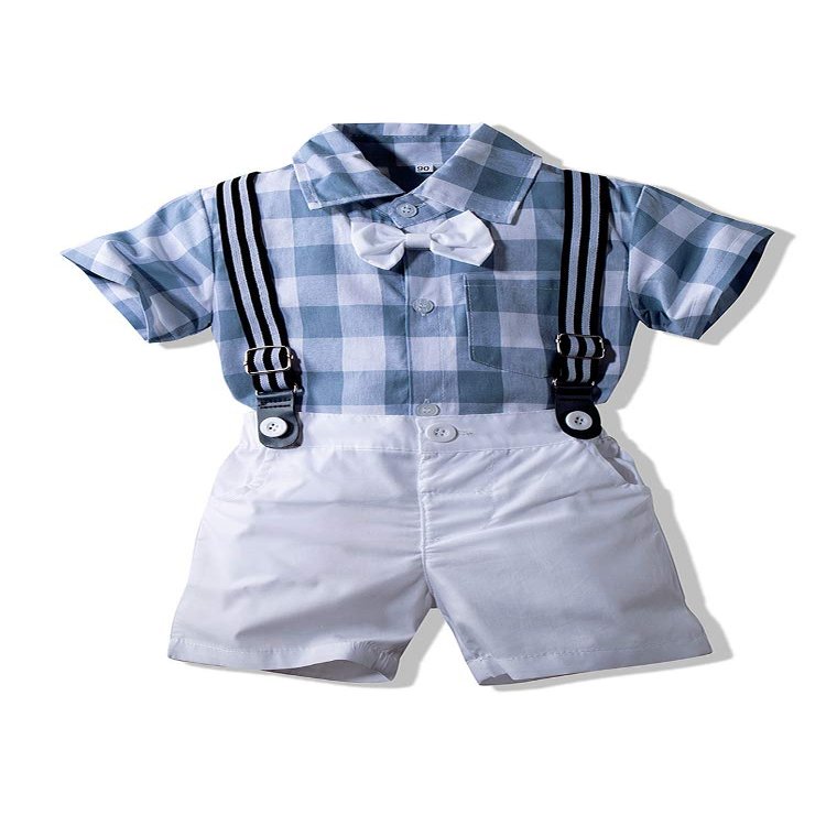 Abolai Baby Boys' Summer Plaid Short Sleeve Suspenders Shorts Outfit Set with White Bowtie Blue 90