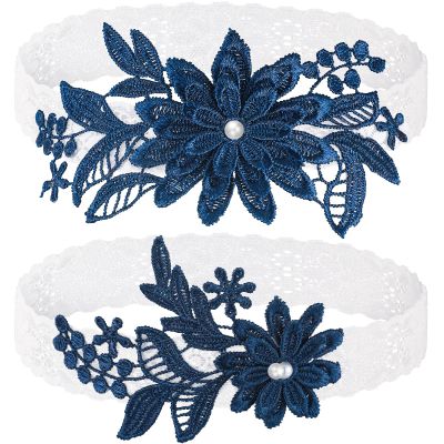 2 Pieces Wedding Garters for Bride Sexy Lace Leg Garter Belt Hand Sewn Faux Pearls Bride Garter Set(Navy Blue)
