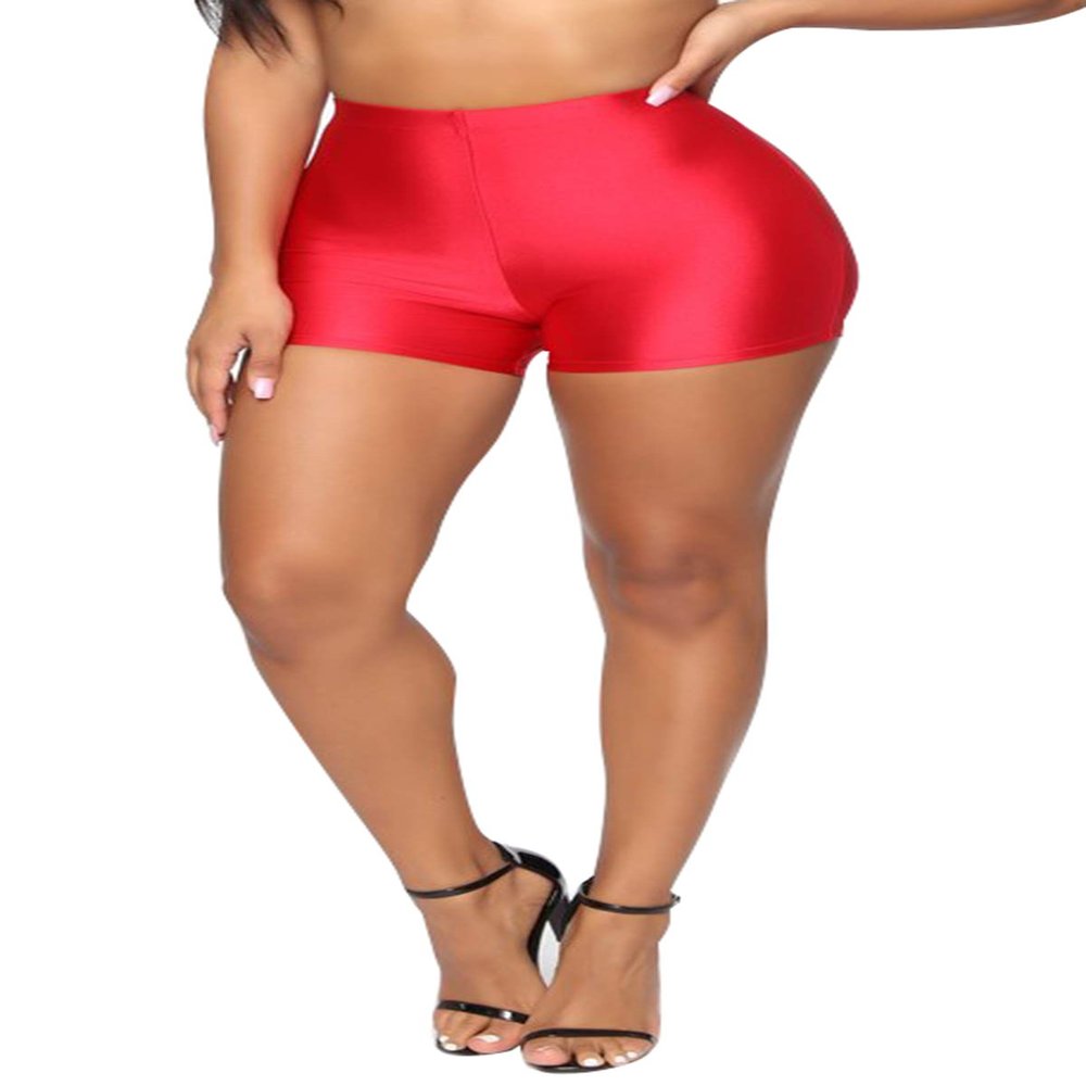 Women's Sexy Shiny Metallic Liquid Wet Look High Waist Shorts Hot Pants Dance Yoga Booty Shorts Clubwear (Red, L)