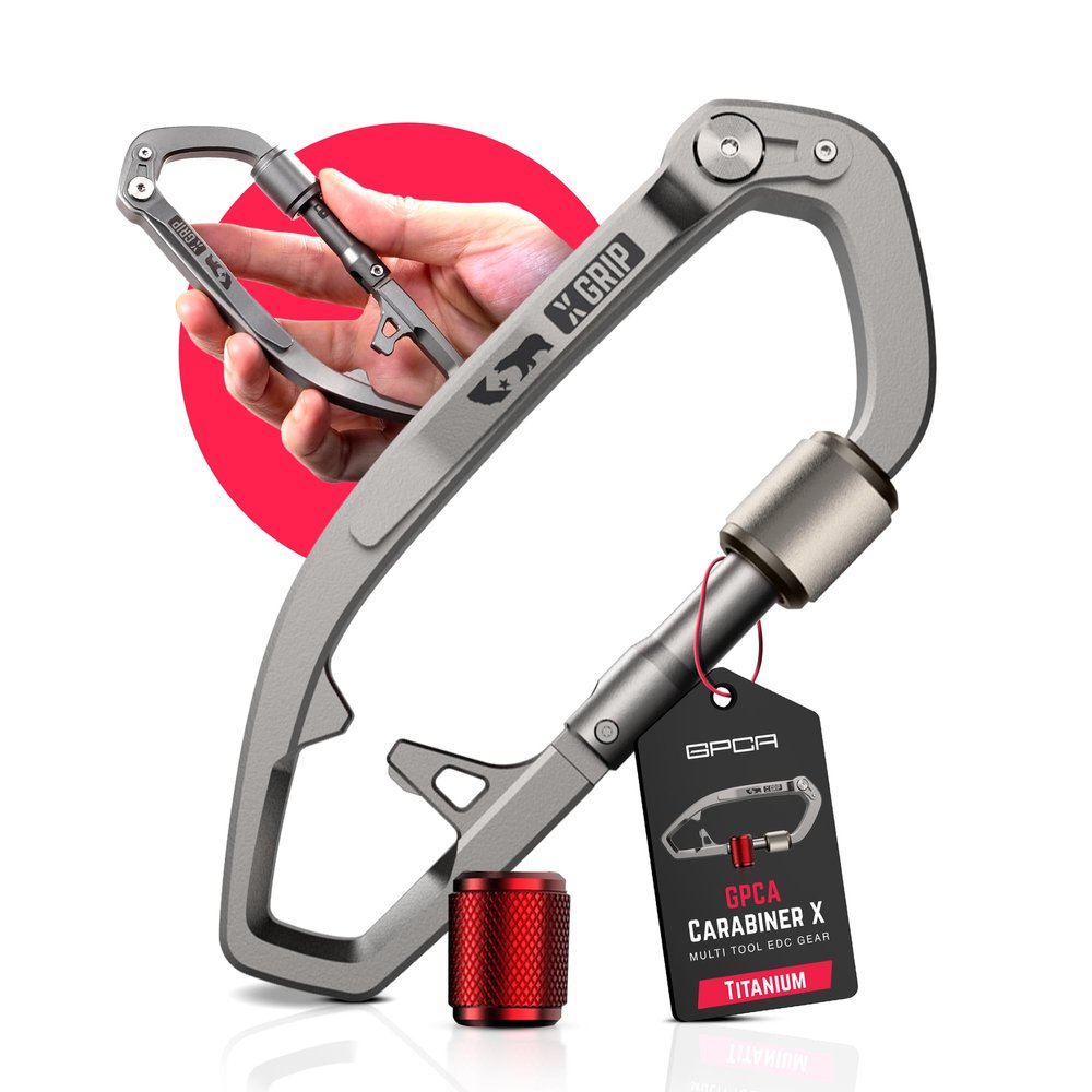 GPCA Multitool Carabiner for Camping, Dog Leash, Key Holder, Bottle Opener & Pocket Clip Versatile Outdoor Gear for Everyday Carry (GP X Carabiner w/Red Ring, Titanium)