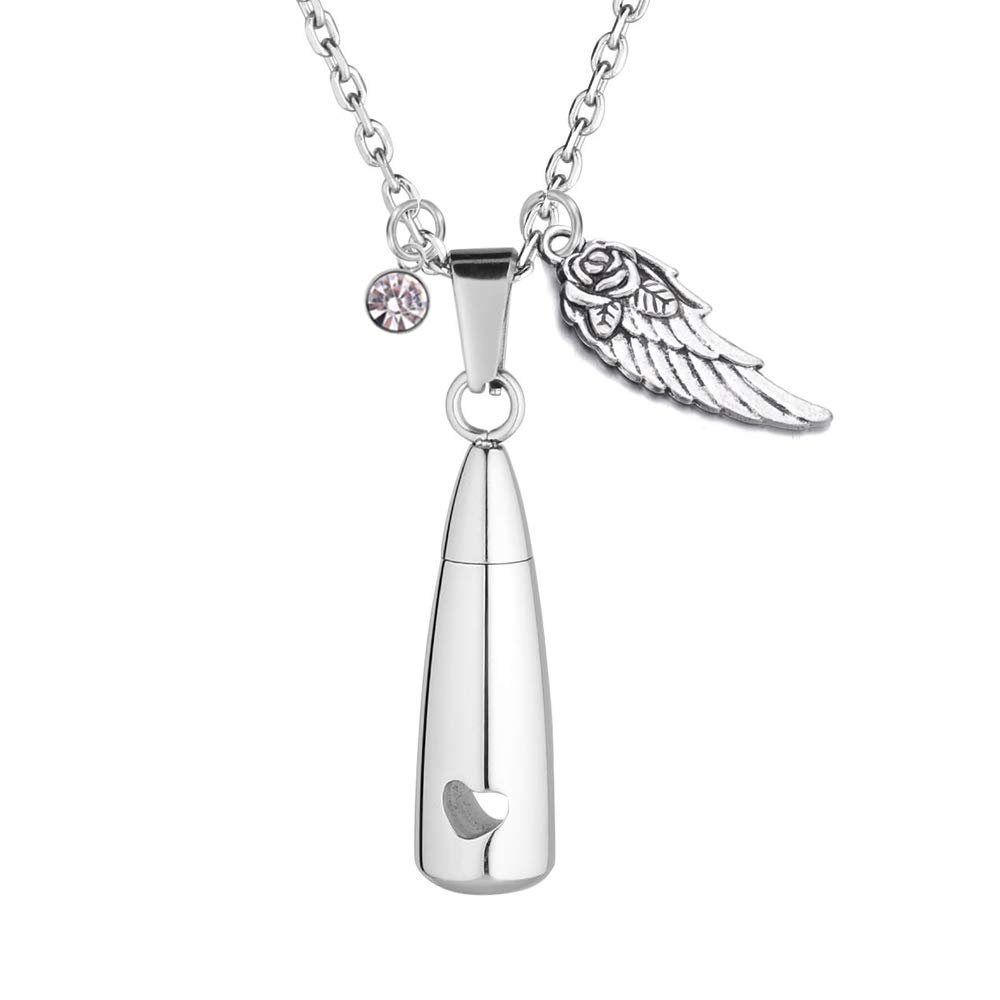 weikui Teardrop Shaped with Angel Wing Charm Initial Necklaces Ashes Holder Pendant Cremation Memorial Birthstone Jewelry (April)