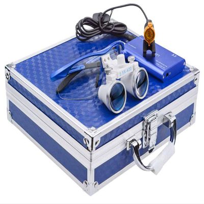 BONEW-Oral 2.5X 420MM Surgical Binocular Loupe Magnifier + 3W Clip On Head Lamp with Filter+ Aluminum Box (Blue)