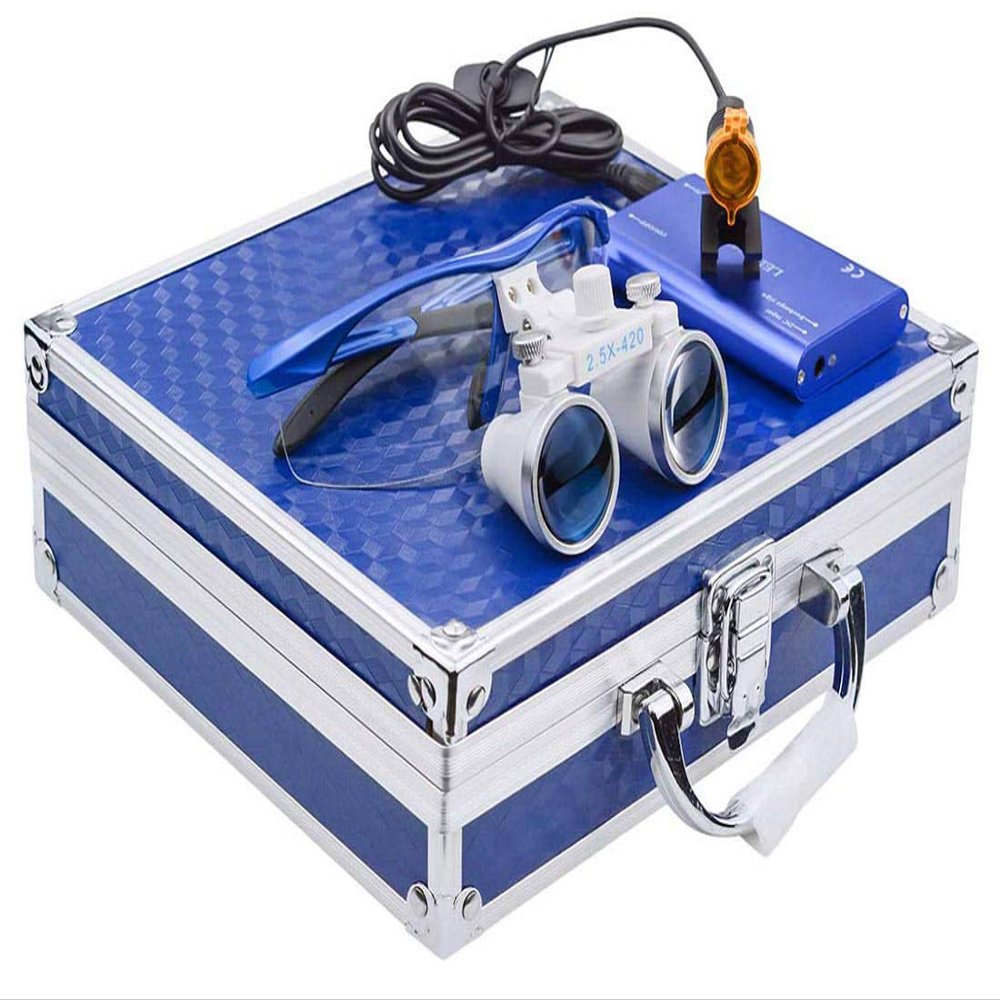 BONEW-Oral 2.5X 420MM Surgical Binocular Loupe Magnifier + 3W Clip On Head Lamp with Filter+ Aluminum Box (Blue)