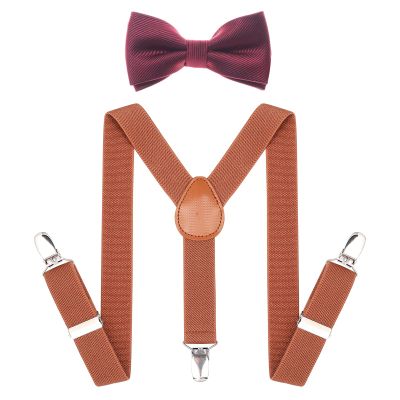 AWAYTR Child Kids Suspenders Bowtie Set - Adjustable Suspender Set for Boys and Girls (Brown+Wine red bowtie, 25Inches (3 Years to 6 Years))