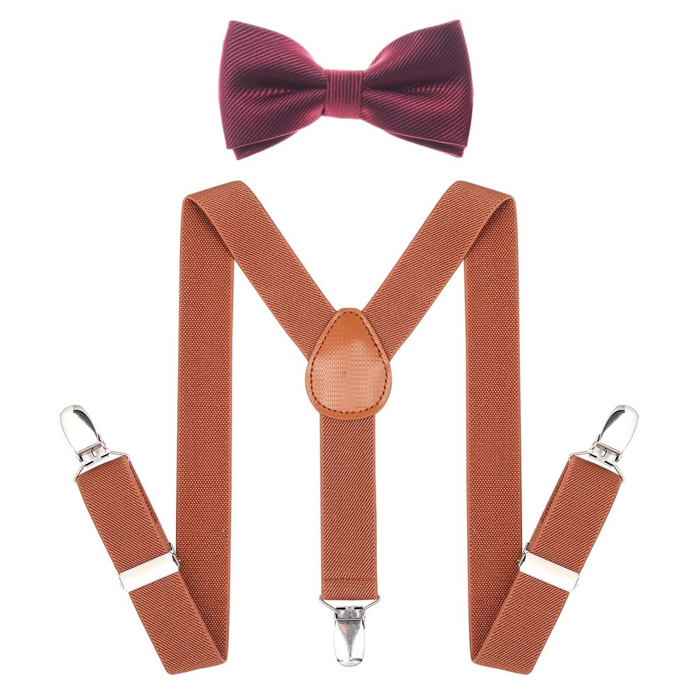 AWAYTR Child Kids Suspenders Bowtie Set - Adjustable Suspender Set for Boys and Girls (Brown+Wine red bowtie, 25Inches (3 Years to 6 Years))