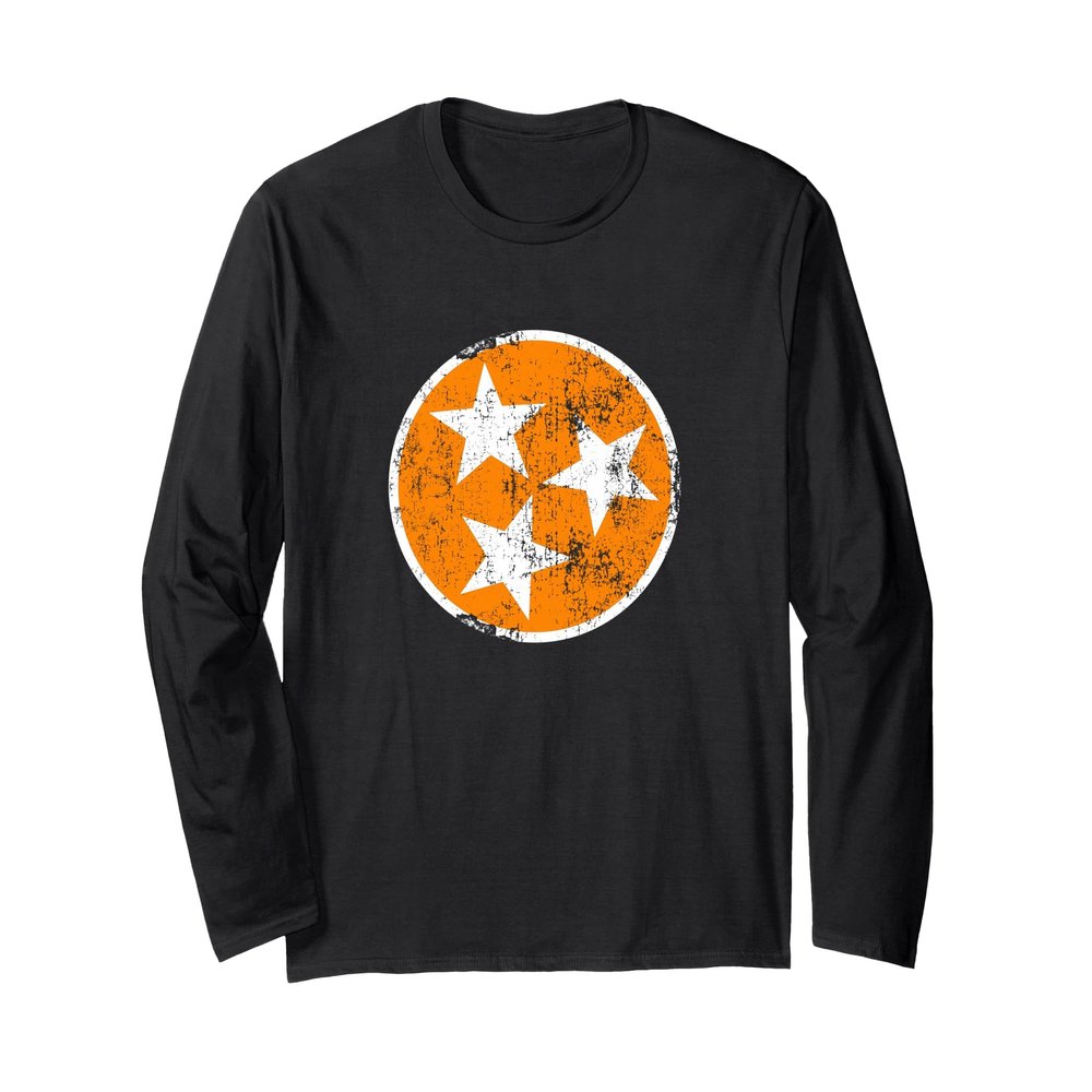 3 Star TN Orange and White Distressed Tennessee State Flag Long Sleeve T-Shirt, Adult Unisex, Black, Large
