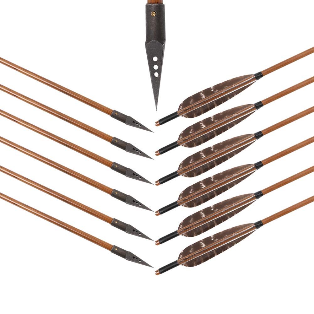 6pcs 31 Inch Bamboo Arrows Target Hunting Arrows for Archery Bow Arrows with Medieval Arrow Heads and 5 Inches of Natural Features
