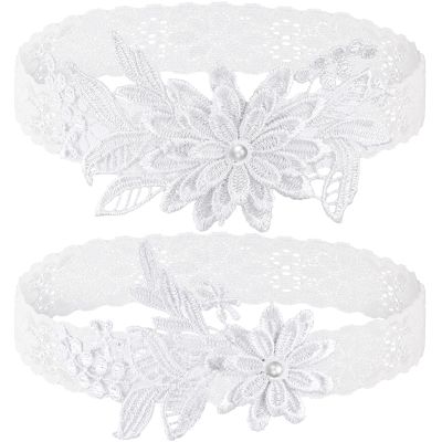 2 Pieces Wedding Garters for Bride Sexy Lace Leg Garter Belt Hand Sewn Faux Pearls Bride Garter Set(White)