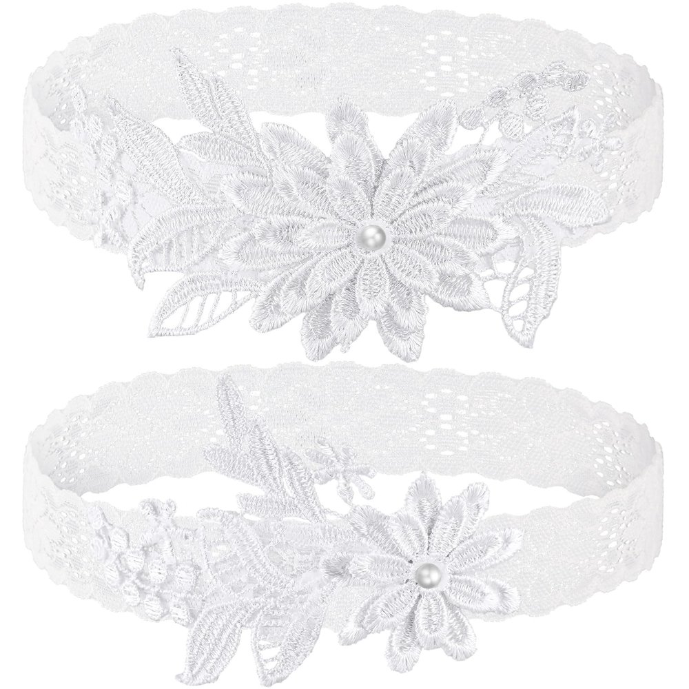 2 Pieces Wedding Garters for Bride Sexy Lace Leg Garter Belt Hand Sewn Faux Pearls Bride Garter Set(White)