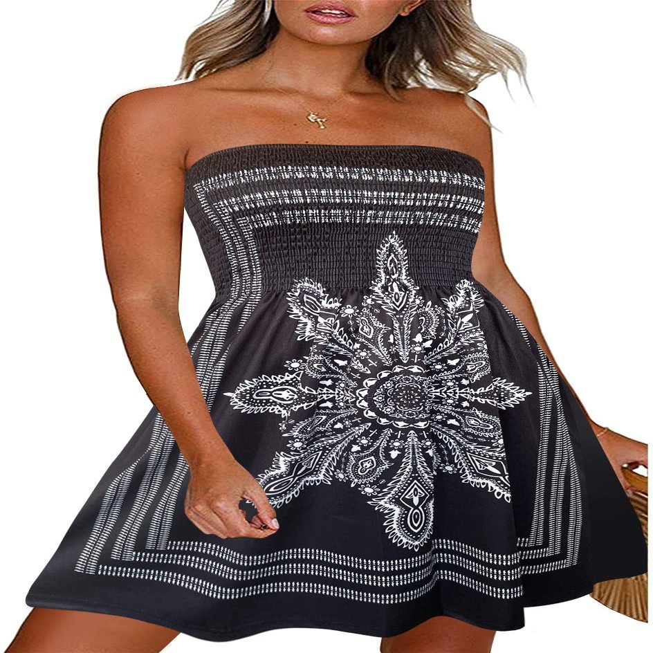 CHICGAL Women's Beach Dresses Summer Cover Up Boho Strapless Floral Print Sundress (BlackXL)