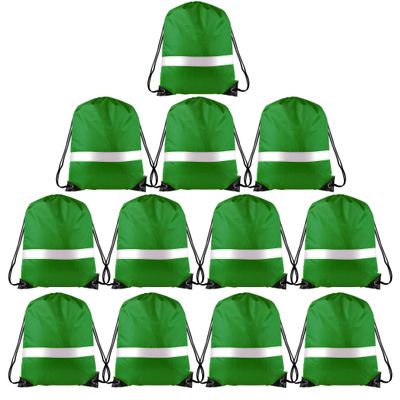KUUQA 12 Pcs Drawstring Backpack Bag Bulk Reflective Backpack Dark Green String Bags Cinch Sack Backpack for Team Yoga Sport Gym Traveling