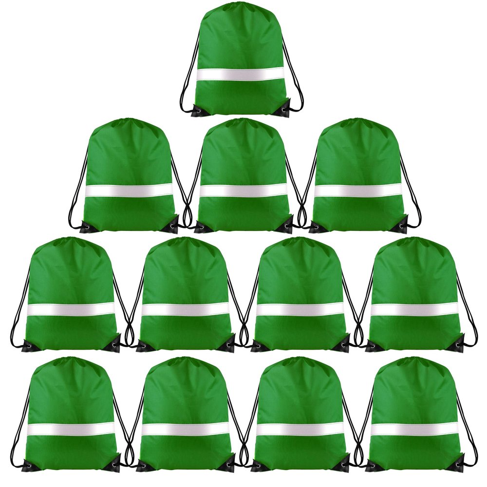 KUUQA 12 Pcs Drawstring Backpack Bag Bulk Reflective Backpack Dark Green String Bags Cinch Sack Backpack for Team Yoga Sport Gym Traveling