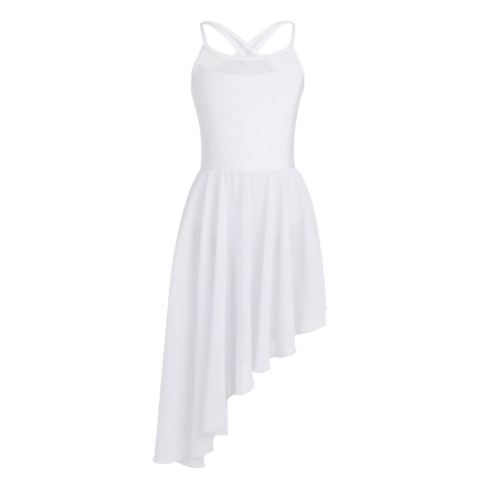 Moily Kids Girls Mesh Criss Cross Back Camisole High Low Hem Skirts Modern Lyrical Dance Dress White 5-6