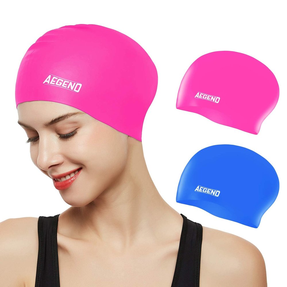 Aegend Swim Caps for Long Hair, Durable Silicone Swimming Caps for Women Men Adults Youths, Easy to Put On and Off, Waterproof Swim Hats Bathing Caps to Keep Hair Dry, 2 Pack, Blue Pink
