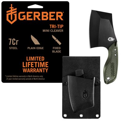 Gerber TRI-Tip Mini Cleaver Fixed Blade, Bushcraft Knife, Molle Sheath, Green