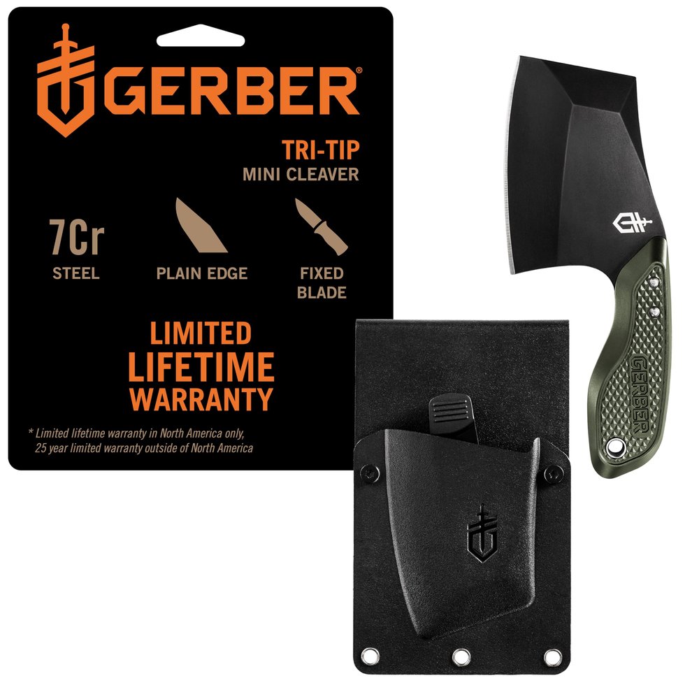 Gerber TRI-Tip Mini Cleaver Fixed Blade, Bushcraft Knife, Molle Sheath, Green
