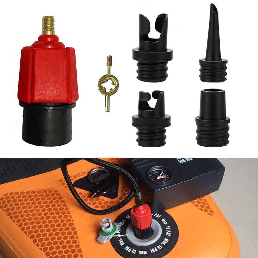 PeSandy SUP Pump Adaptor Air Valve Converter, 7MM Inlet Opening Air Pump Converter with 4 Standard Air Valve Nozzles for Inflatable Boat, Stand Up Paddle Board, Inflatable Bed, Etc - Red