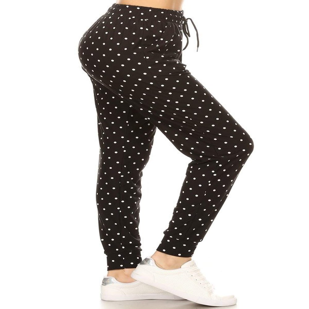 Leggings Depot Women's Relaxed fit Jogger Pants - Track Cuff Sweatpants with Pockets-R885, 1X, Polka Dots