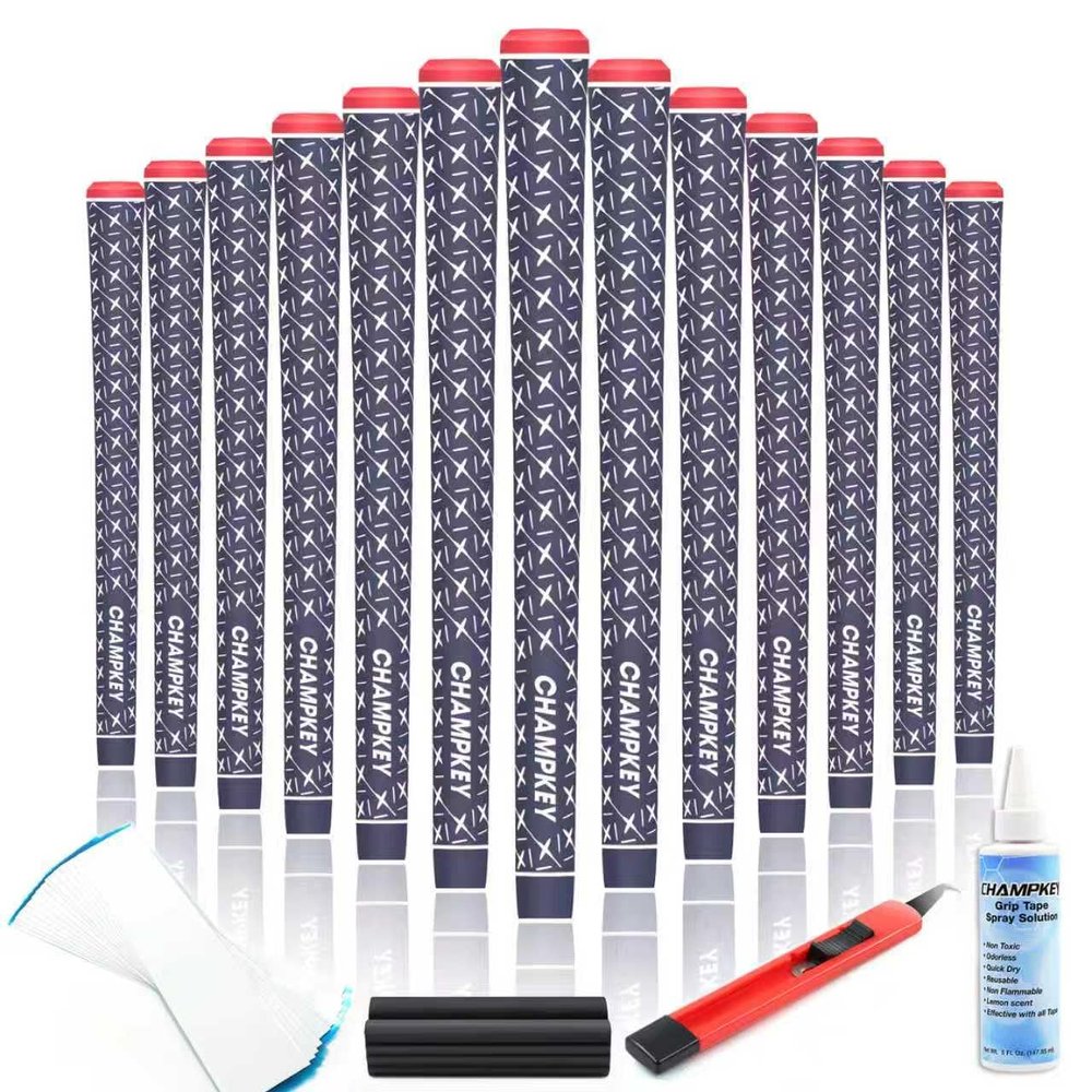 Champkey X Rubber Golf Grips Set - 13 Grips & Repair Kit or Tapes (Midsize, Blue) - Includes Solvent, Hook Blade & Vise Clamp