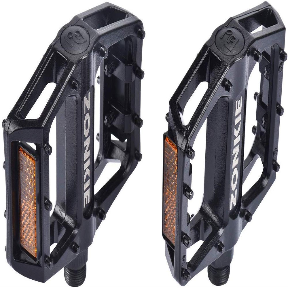 ZONKIE Mountain Bike Pedal, Aluminum Alloy Flat Platform Bicycle Pedals with Reflector for Road Bike and MTB, Sealed DU Bearing, Threads Size 1/2 Inch and 9/16 Inch