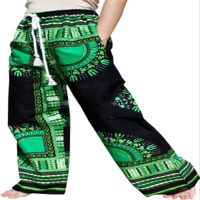RaanPahMuang African Dashiki Rising Sun Elastic Waist Ankara Pants, Large, Traditional Dashiki - Black Green