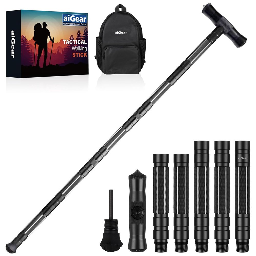 aiGear G2 Tactical Stick Hiking Walking Staff - Trekking Poles Outdoor Adjustable Hiking Stick for Camping Hiking 5 Tubes 40.5 inchwith Multitool
