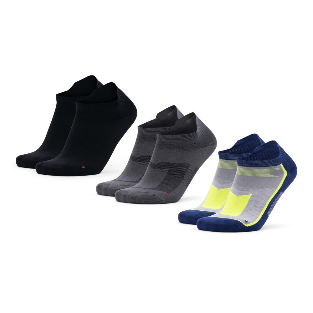 DANISH ENDURANCE 3 Pack Low-Cut Athletic Socks, Moisture Wicking, Men & Women, Multicolor (1 x black, 1 x grey, 1 x blue/neon yellow), Large