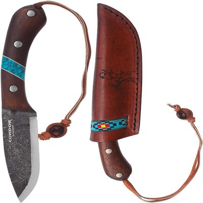 Condor Tool & Knife Blue River Fixed Blade Knife - 1095 High-Carbon Steel Blade with Full-Tang Construction - Walnut Handle with Turquoise Stone Inlay - Ideal for Bushcraft, Camping & Survival