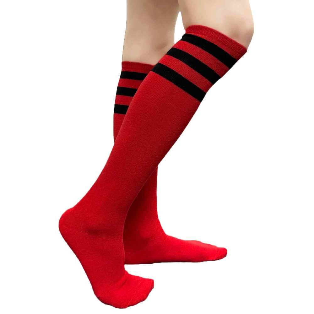 COUVER Striped Women's Cotton Knee High Tube Socks, Women Shoe Size 5-9, Red/Black, 1 Pair
