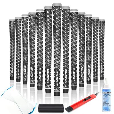 Champkey X Rubber Golf Grips Set of 13 (5 Oz Solvent,Hook Blade,15 Tapes & Vise Clamp)-Choose Between 13 Grips & All Repair Kits and 13 Grips & 15 Tapes (Black(Repair Kits), Standard)