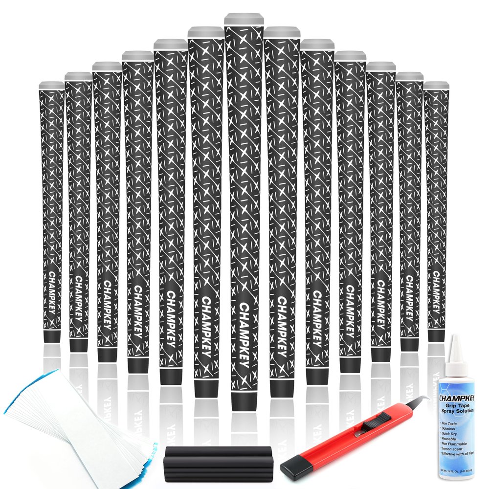 Champkey X Rubber Golf Grips Set of 13 (5 Oz Solvent,Hook Blade,15 Tapes & Vise Clamp)-Choose Between 13 Grips & All Repair Kits and 13 Grips & 15 Tapes (Black(Repair Kits), Standard)