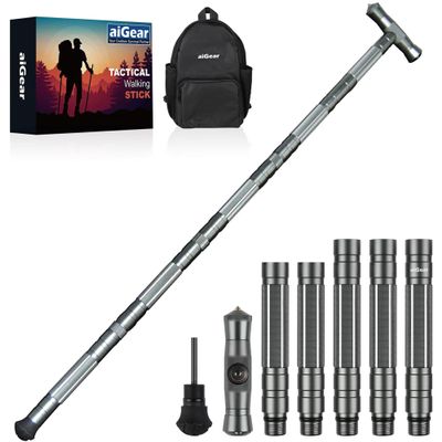 aiGear G2 Tactical Stick Hiking Walking Staff - Trekking Poles Outdoor Adjustable Hiking Stick for Camping Hiking 5 Tubes 40.5 inch Graywith Multitool