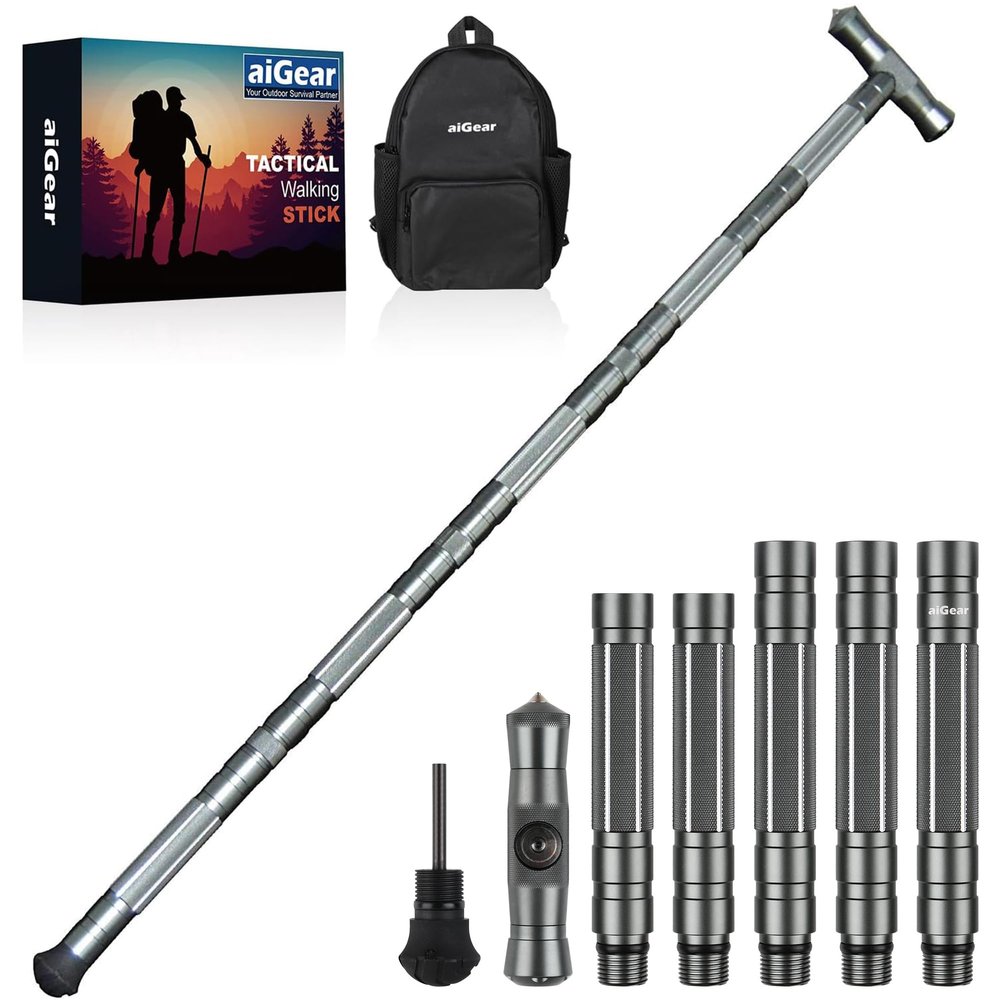 aiGear G2 Tactical Stick Hiking Walking Staff - Trekking Poles Outdoor Adjustable Hiking Stick for Camping Hiking 5 Tubes 40.5 inch Graywith Multitool