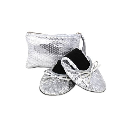 Silky Toes Foldable Flats for Women  Portable Ballet Shoes for Weddings, Parties, Events, Travel  Compact Purse Slippers (Large, Silver Sequins)