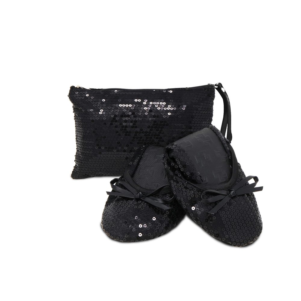 Silky Toes Foldable Flats for Women  Portable Ballet Shoes for Weddings, Parties, Events, Travel  Compact Purse Slippers (Medium, Black Sequins)
