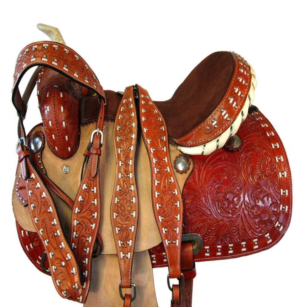 PRO Western 15 16 Horse Trail Show Pleasure Racing Tooled Leather Barrel Saddle (15")
