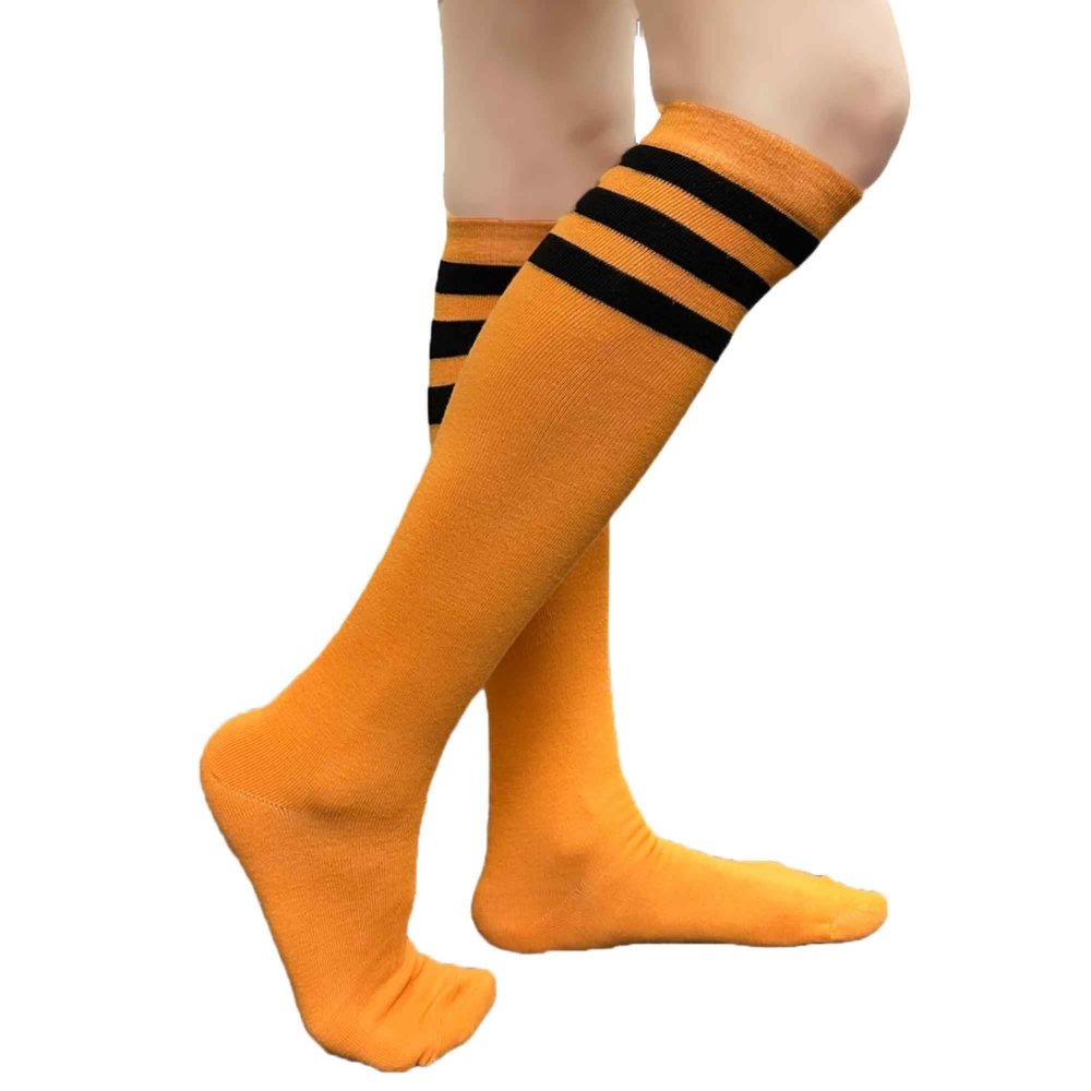 COUVER Striped Women's Cotton Knee High Tube Socks, Women Shoe Size 5-9, Golden Yellow/Black, 1 Pair