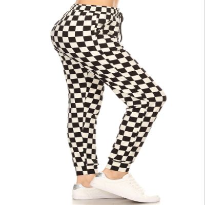 Leggings Depot Women's Relaxed fit Jogger Pants - Track Cuff Sweatpants with Pockets-S534, Medium, B&W Checkered