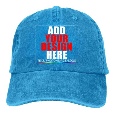 Custom Baseball Caps, Design Your Own Hat, Team Photo Text Logo Graphic Print Denim Blue