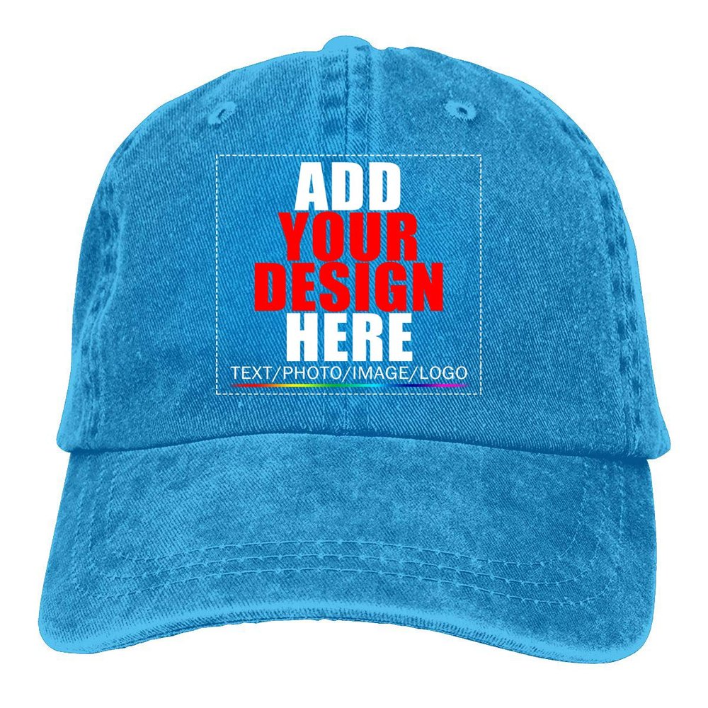 Custom Baseball Caps, Design Your Own Hat, Team Photo Text Logo Graphic Print Denim Blue