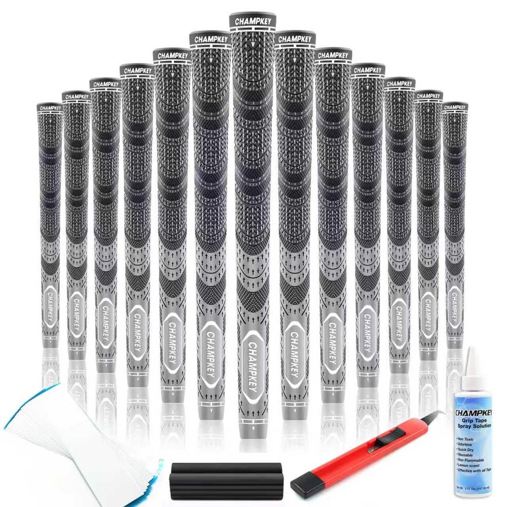 CHAMPKEY Premium Hybrid Golf Grips 13 Pack with All Repair Kits - All Weather Performance Golf Club Grips - High Traction and Control Half Corded Golf Grips for Men(Gray,Standard)