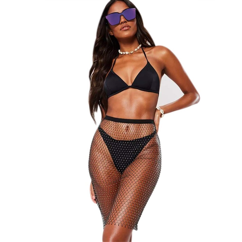 AIBEARTY Women's Sexy Glitter Rhinestone Mesh See Through Mini Skirt Hollow Out Bikini Cover Up Club Festival Rave Outfit
