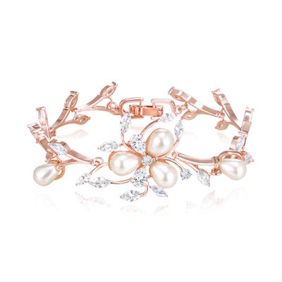 EVER FAITH Women's CZ Simulated Pearl Wedding Flower Leaf Filigree Tennis Bracelet Clear Rose Gold-Plated-Brass