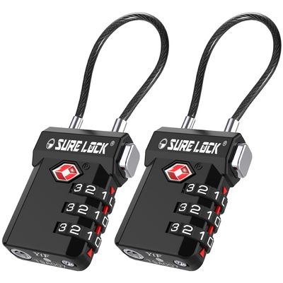 SURE LOCK TSA Approved Luggage Locks with Open Alert Indicator, 3 Digit Combination Cable Travel Lock for Suitcase, Backpack, Gym Locker, Toolbox, Carry On & Travel Bag(Black 2 Pack)