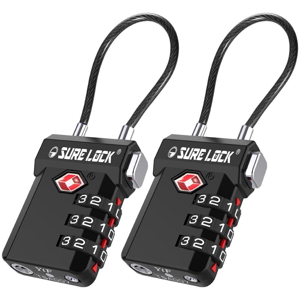 SURE LOCK TSA Approved Luggage Locks with Open Alert Indicator, 3 Digit Combination Cable Travel Lock for Suitcase, Backpack, Gym Locker, Toolbox, Carry On & Travel Bag(Black 2 Pack)