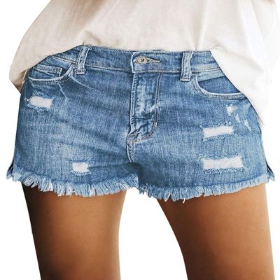 luvamia Jean Shorts Womens Mid Rise Stretchy Cut Off Frayed Denim Shorts Ripped Summer Casual Beach Vacation Clothes Medium Blue Size Medium Fits US 8-10